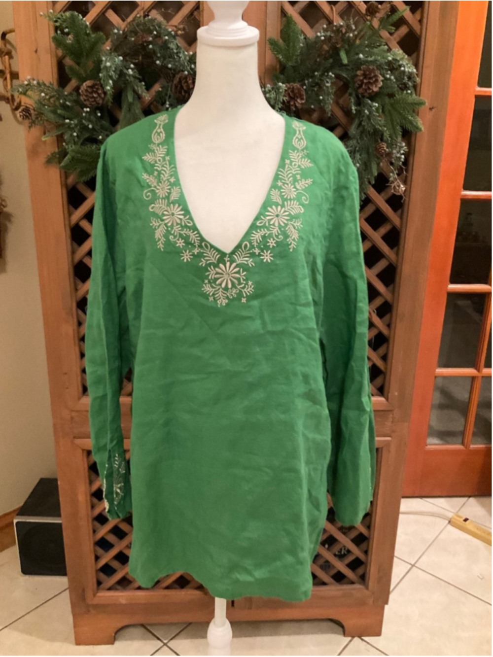 Tweeds Linen Costal Green Embroidered Tunic Top Size 1X Boho